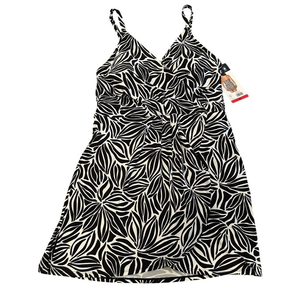 LANDS END Black & White Bathing Suit Swim Dress. Optional Cross Straps UPF 50. M
